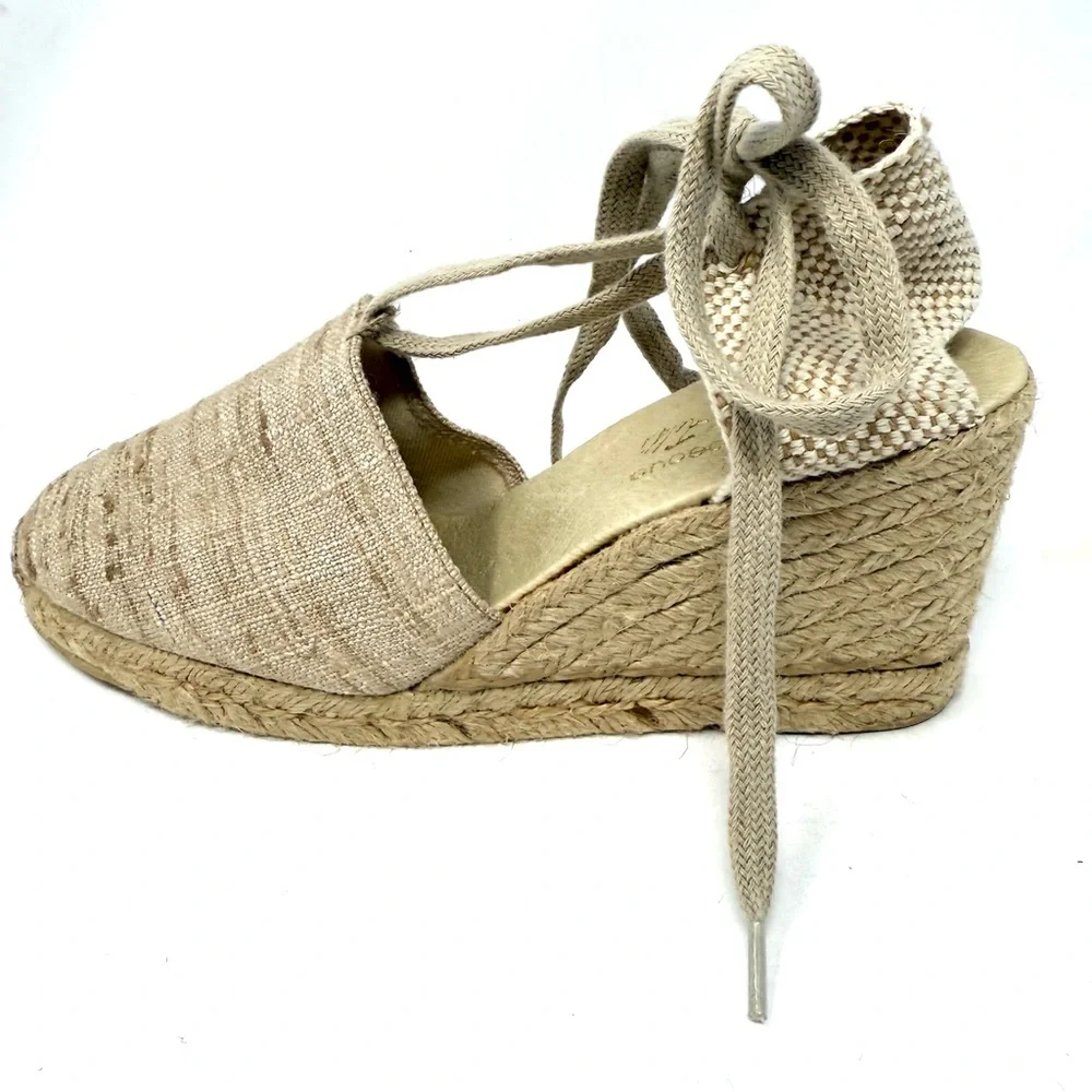 Andre Assous Lennon Espadrille Wedge Sandals 9.5 Woven Luxury Boho Beige Tie‎